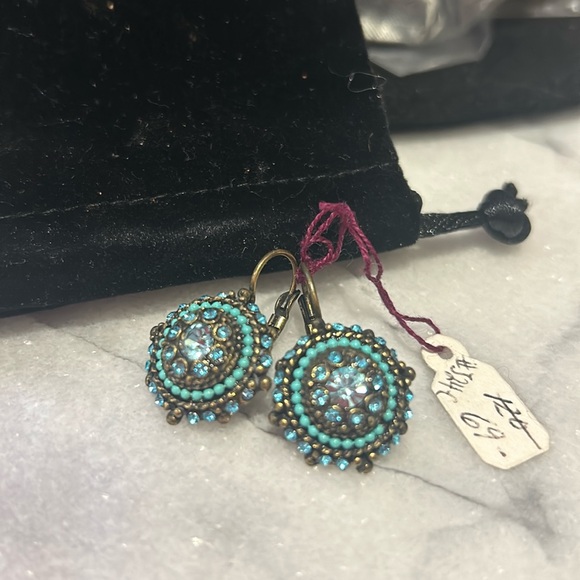 Vintage Sapphire & Turquoise Crystal Euro Wire Medallion Earrings-Boutique - Picture 2 of 7
